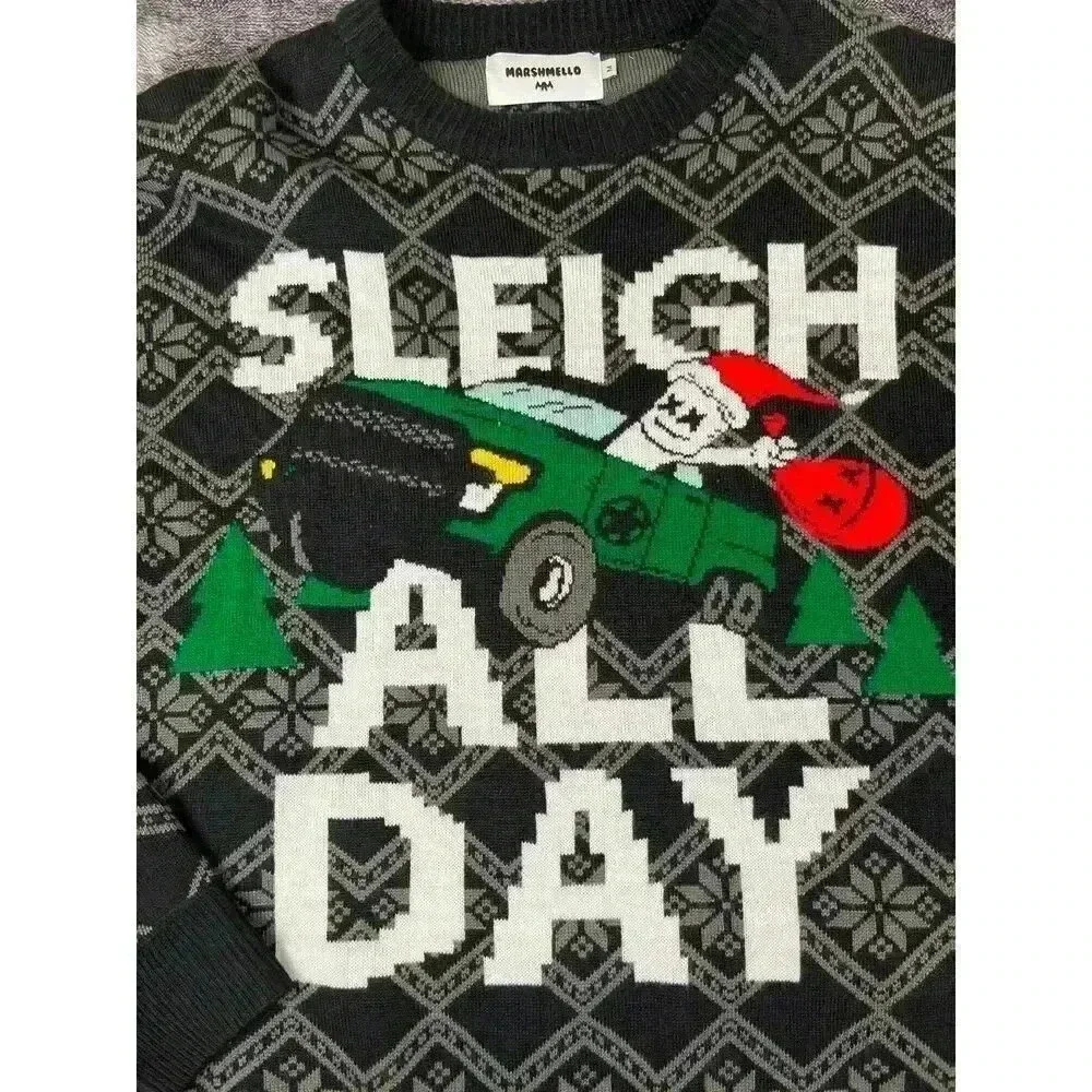 Marshmellow Sleigh All Day Christmas Holiday Sweater Black Gray Size M